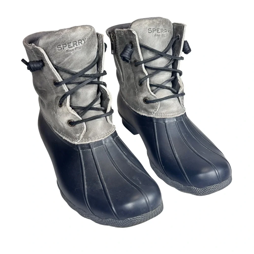 Sperry Saltwater Duck Boots‎ Gray Black Leather Rubber Rain Winter Womens 9.5